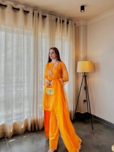 3 Piece Orange Shirt Dupatta & Farshi Shalwar