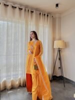 3 Piece Orange Shirt Dupatta & Farshi Shalwar - Image 2