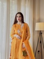 3 Piece Orange Shirt Dupatta & Farshi Shalwar - Image 3