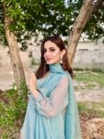 3 Piece Blue Texture Organza Shirt Dupatta & Trouser - Image 4