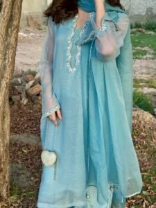 3 Piece Blue Texture Organza Shirt Dupatta & Trouser - Image 2