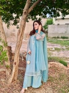 3 Piece Blue Texture Organza Shirt Dupatta & Trouser