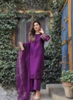 3 Piece Purple Shirt Dupatta & Trouser - Image 2