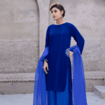 3 Piece Royal Blue Velvet Shirt, Dupatta & Plazo