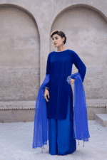 3 Piece Royal Blue Velvet Shirt, Dupatta & Plazo