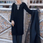 3 Piece Black Velvet Shirt, Dupatta & Trouser