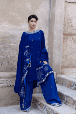 3 Piece Royal Blue Velvet Shirt & Shawl