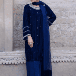 3 Piece Navy Blue Velvet, Shirt, Dupatta & Plazo