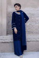 3 Piece Navy Blue Velvet, Shirt, Dupatta & Plazo