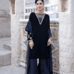 3 Piece Black Velvet Shirt, Dupatta & Farshi Shalwar