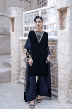 3 Piece Black Velvet Shirt, Dupatta & Farshi Shalwar