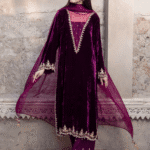 3 Piece Purple Velvet Shirt, Dupatta & Trouser