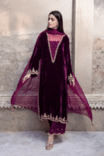 3 Piece Purple Velvet Shirt, Dupatta & Trouser