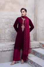 3 Piece Maroon Velvet Shirt, Dupatta & Trouser