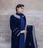3 Piece Navy Blue Velvet, Shirt, Dupatta & Plazo - Image 2