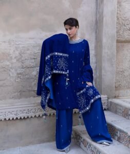 3 Piece Royal Blue Velvet Shirt & Shawl - Image 5