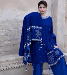3 Piece Royal Blue Velvet Shirt & Shawl - Image 6