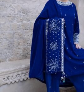 3 Piece Royal Blue Velvet Shirt & Shawl - Image 7