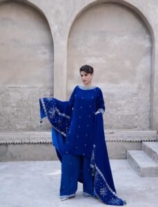 3 Piece Royal Blue Velvet Shirt & Shawl - Image 9