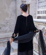 3 Piece Black Velvet Shirt, Dupatta & Farshi Shalwar - Image 6
