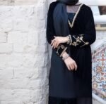 3 Piece Black Velvet Shirt, Dupatta & Farshi Shalwar - Image 3