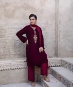 3 Piece Maroon Velvet Shirt, Dupatta & Trouser - Image 2