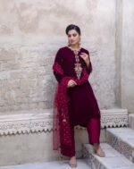 3 Piece Maroon Velvet Shirt, Dupatta & Trouser - Image 4