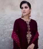 3 Piece Maroon Velvet Shirt, Dupatta & Trouser - Image 3
