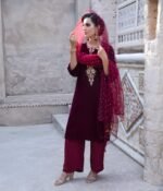 3 Piece Maroon Velvet Shirt, Dupatta & Trouser - Image 5