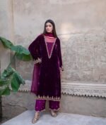 3 Piece Purple Velvet Shirt, Dupatta & Trouser - Image 9