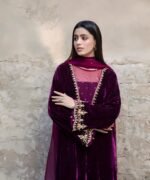 3 Piece Purple Velvet Shirt, Dupatta & Trouser - Image 4