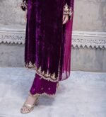 3 Piece Purple Velvet Shirt, Dupatta & Trouser - Image 3