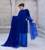 3 Piece Royal Blue Velvet Shirt, Dupatta & Plazo - Image 5