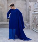 3 Piece Royal Blue Velvet Shirt, Dupatta & Plazo - Image 6