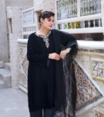 3 Piece Black Velvet Shirt, Dupatta & Trouser - Image 3