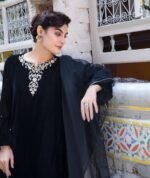 3 Piece Black Velvet Shirt, Dupatta & Trouser - Image 5