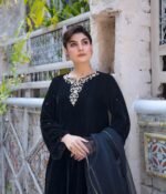 3 Piece Black Velvet Shirt, Dupatta & Trouser - Image 4
